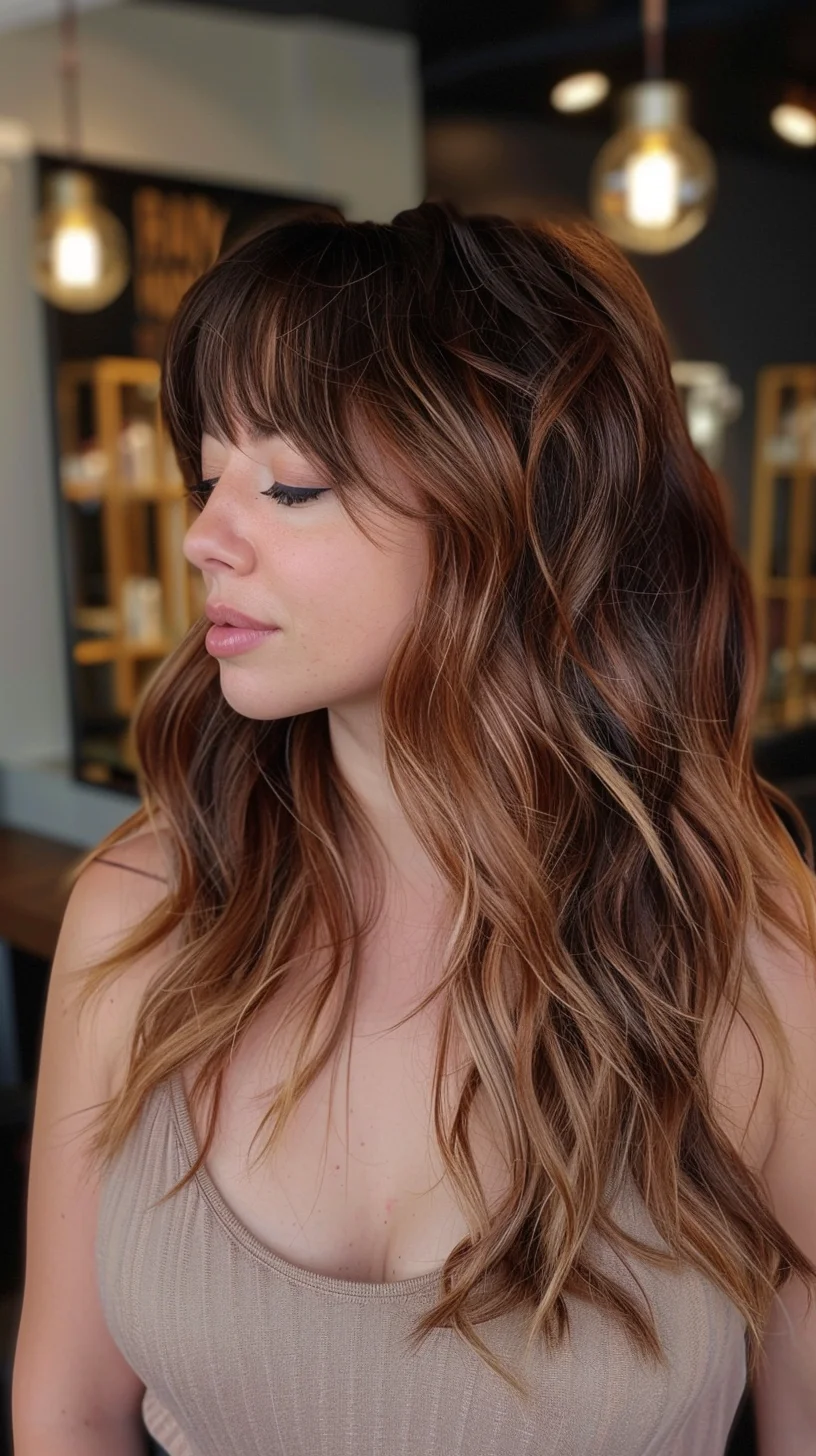 A stunning balayage blend transitions from rich chocolate brown roots into warm caramel and honey tones through the lengths. Long, wispy bangs frame the face beautifully while soft waves create movement throughout. Natural-looking highlights are woven seamlessly from mid-lengths to ends, creating a dimensional, lived-in effect that's both modern and effortless.