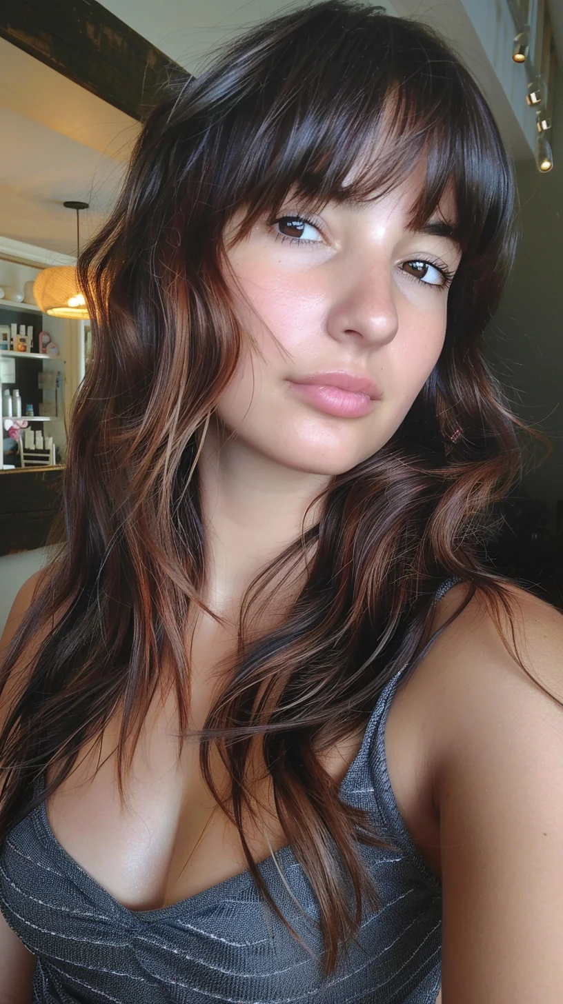 Rich dark brunette waves showcase subtle caramel balayage highlights that create beautiful dimension throughout. Straight-cut bangs frame the face while long layers cascade past the shoulders with gentle waves. Natural-looking color transitions from deeper roots to warmer tones, giving movement and depth to the overall look.