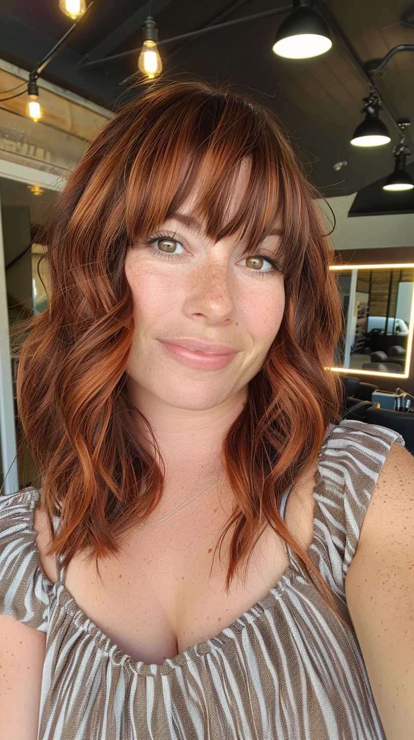 Rich copper and caramel balayage illuminates brunette base color, with delicate highlights scattered throughout wavy layers. Side-swept bangs complement the dimensional color work, while subtle light-catching pieces around the face create beautiful movement and depth throughout the shoulder-length cut.