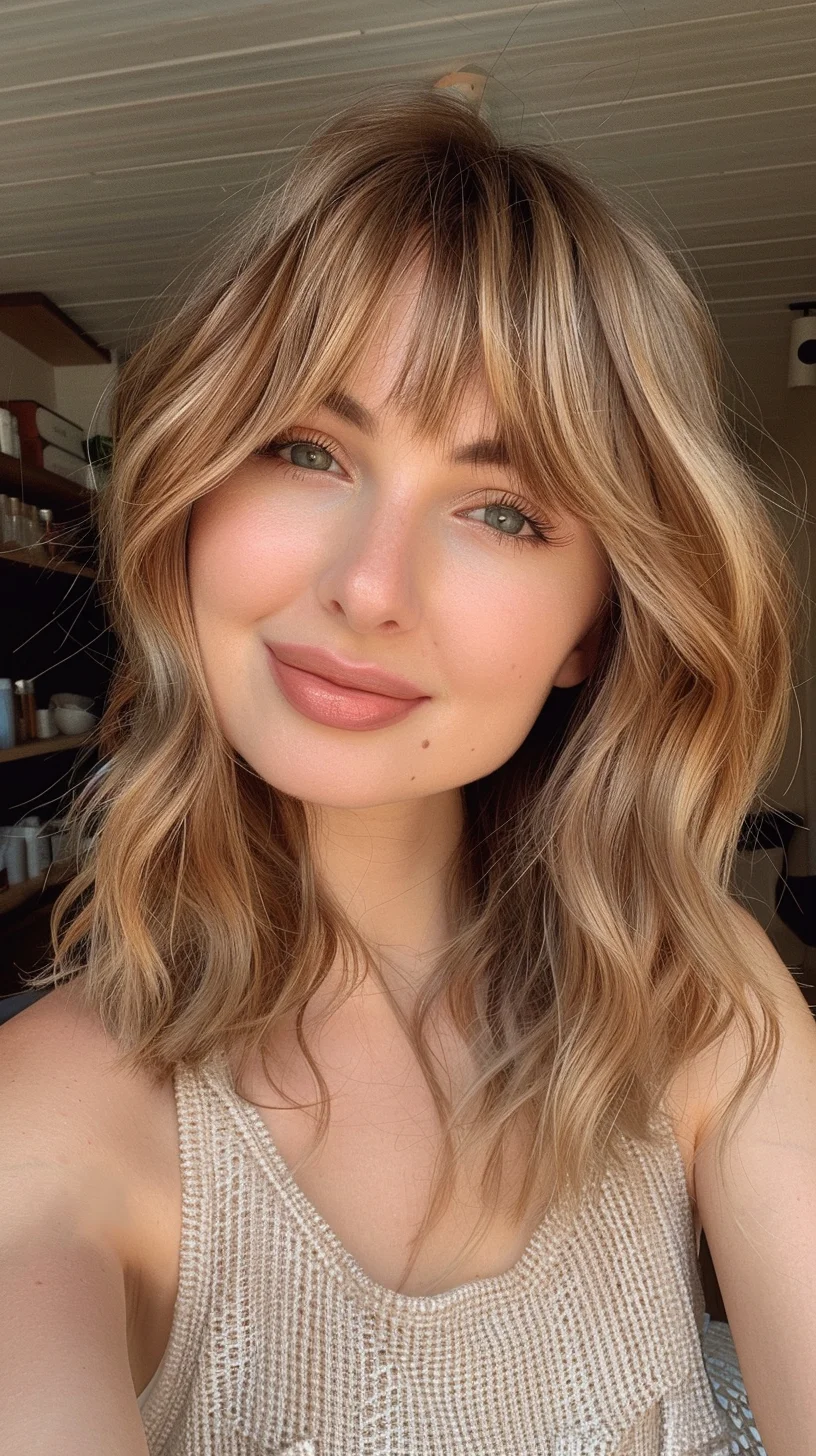 Soft waves cascade down in a gorgeous blend of warm honey blonde tones, creating dimension through skillfully painted highlights. Natural-looking darker roots transition seamlessly into lighter ends, while face-framing bangs sweep across the forehead with just enough texture to enhance the casual, lived-in feel of the overall look.