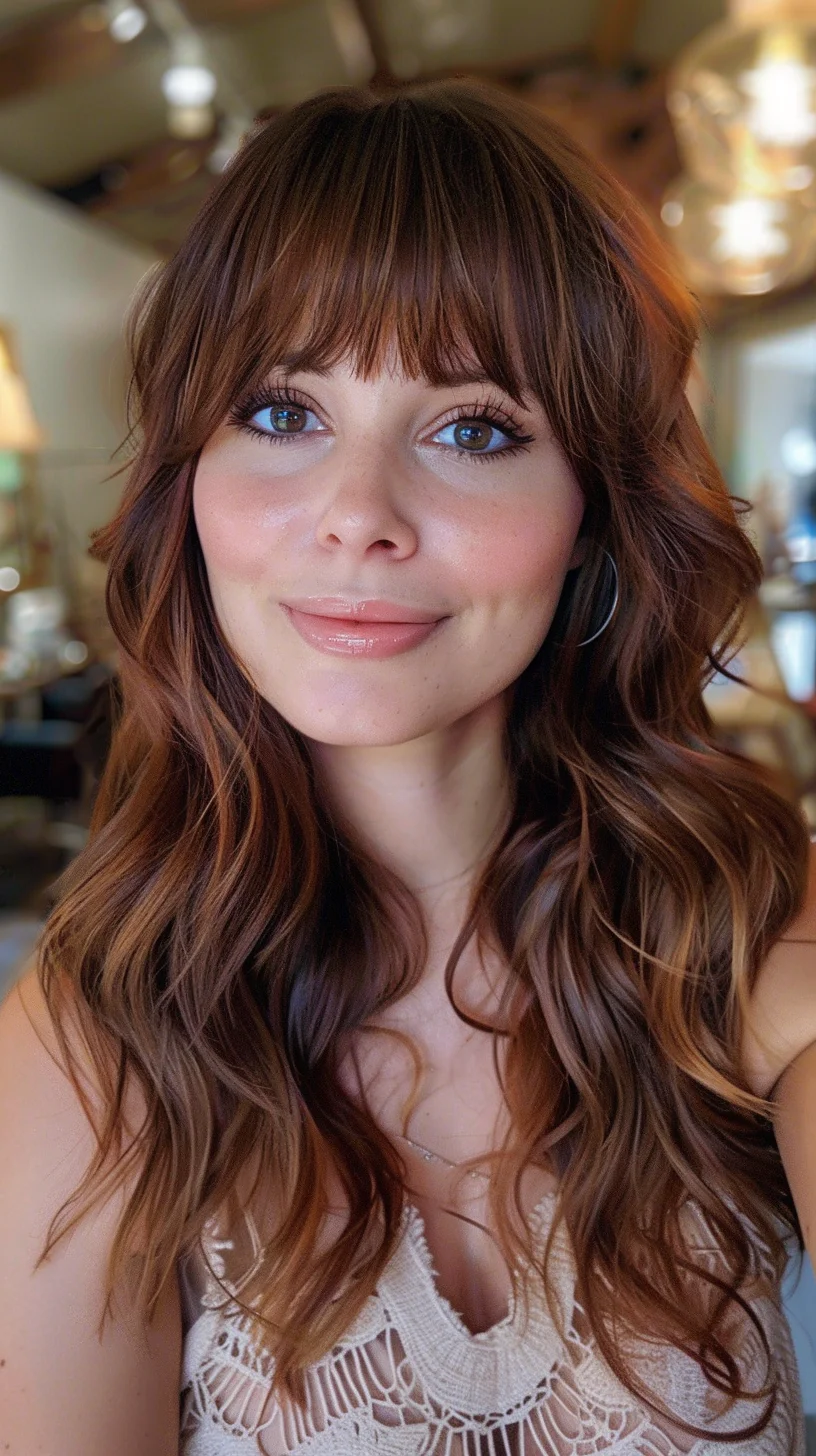 Romantic waves complement a rich brown base color that melts seamlessly into golden-honey highlights. Full bangs cut straight across add structure while staying soft and piecey. Dimensional color work shows through each wave, creating beautiful contrast as light catches different sections of the hair.