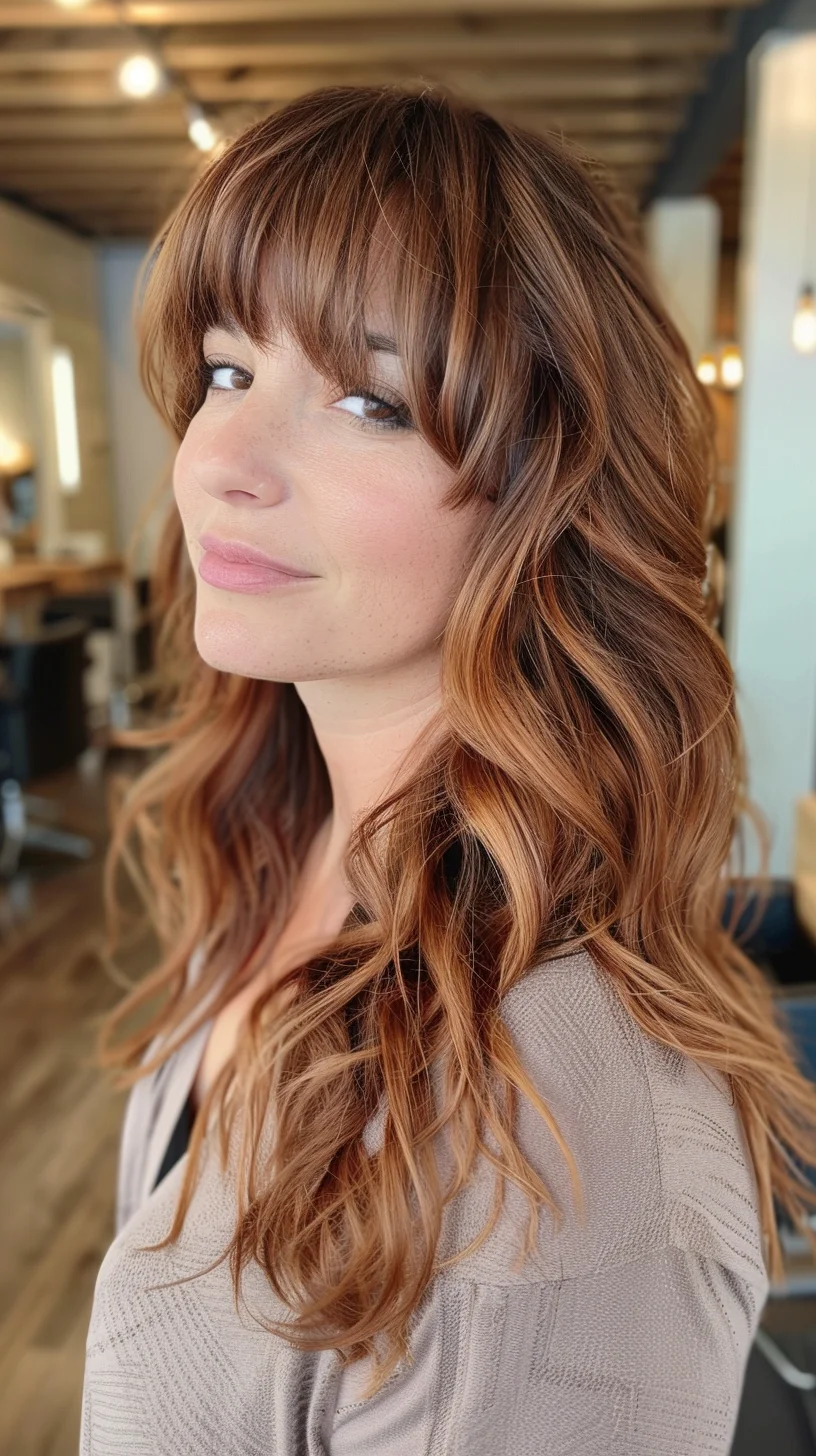 Stunning warm honey balayage melts from chocolate brown roots into golden blonde ends, creating a sun-kissed effect. Soft face-framing bangs blend seamlessly into long, flowing waves that catch light beautifully. 