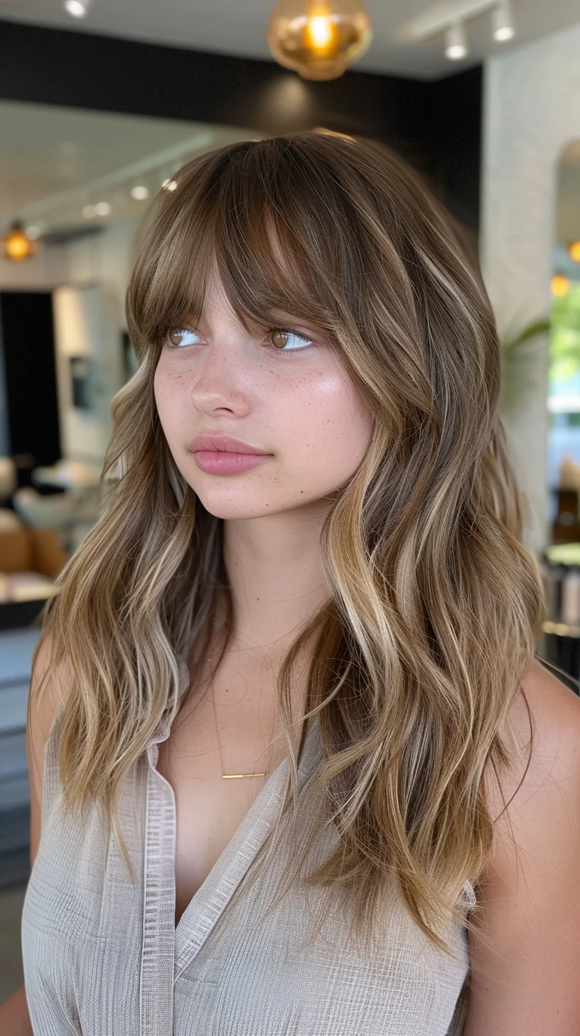 Soft, face-framing layers feature a gorgeous transition from deep brown to light blonde, with subtle honey tones bridging the colors. Textured bangs blend naturally into long layers, while carefully placed highlights create movement and depth. Gentle waves throughout reveal the multi-dimensional color work.