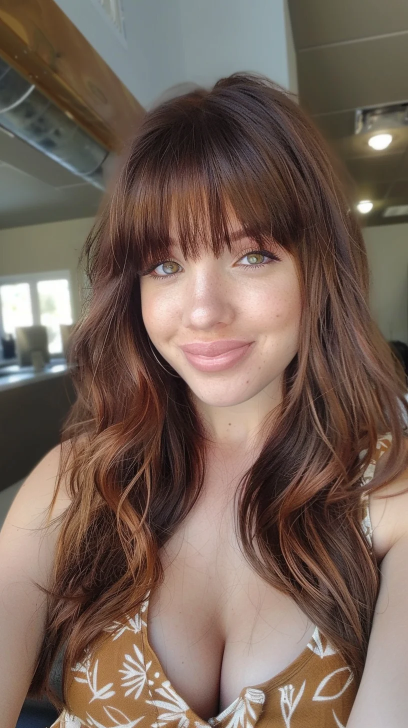 Rich chocolate brown roots seamlessly blend into caramel and honey highlights, creating a gorgeous dimensional effect. Long layers with subtle waves show off the color variation, while full straight bangs frame the face. Lighter pieces are concentrated through the mid-lengths and ends, giving a naturally brightened appearance.