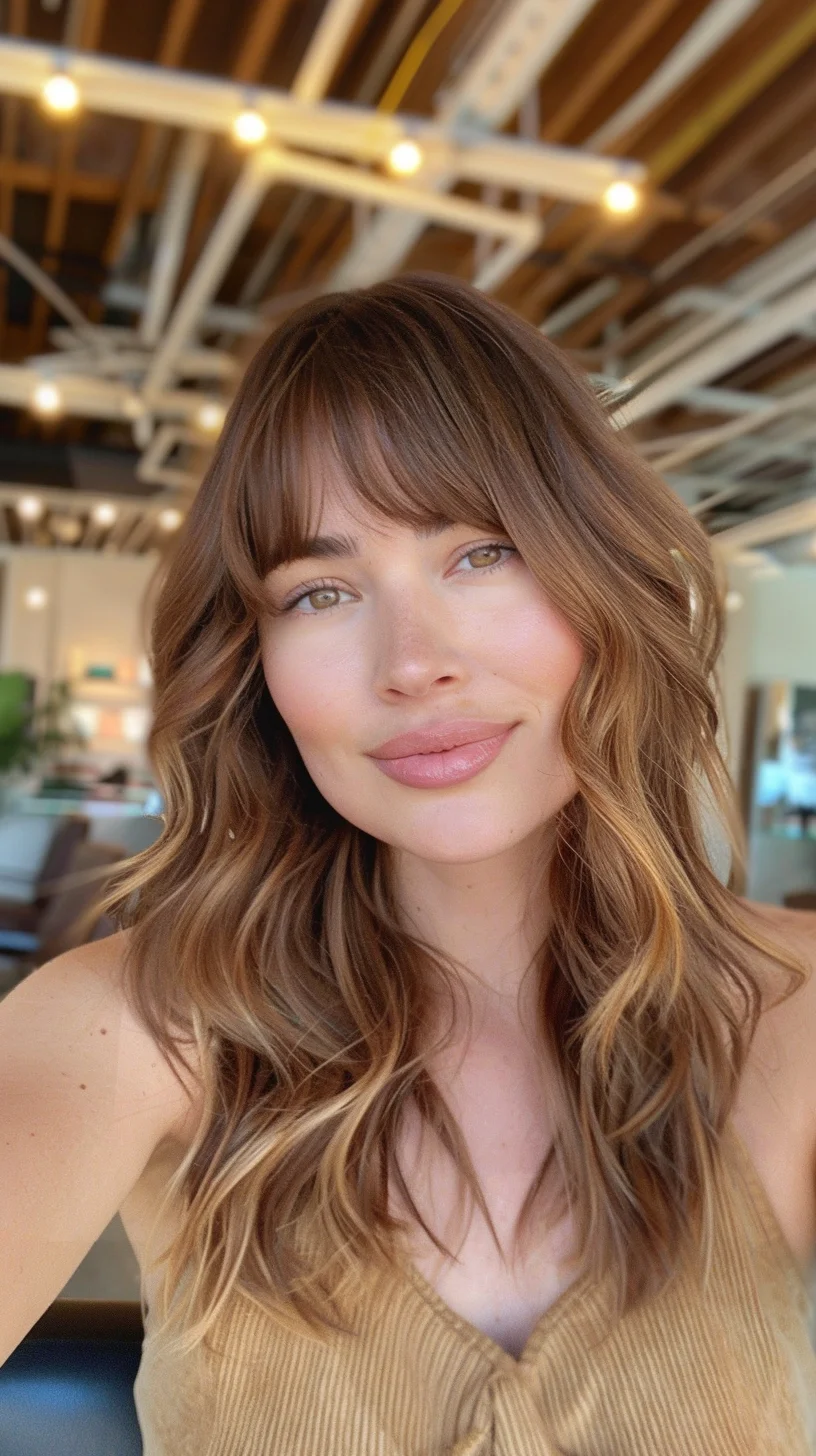 Warm brunette roots flow into a brilliant golden blonde balayage, with carefully blended transitions creating a sun-kissed effect. Textured waves showcase the multi-dimensional color while straight-across bangs add structure. 