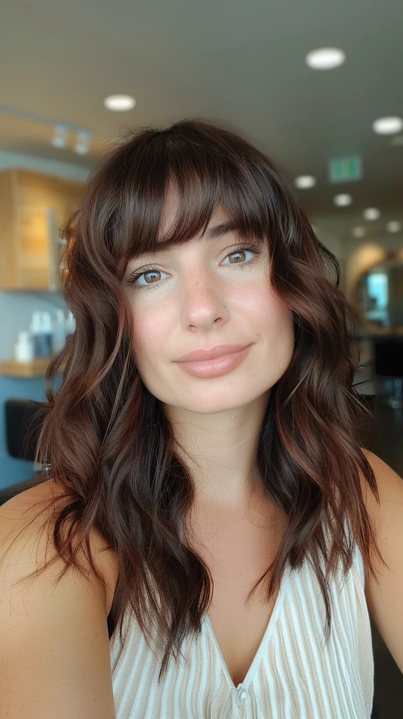 Gorgeous dark brunette base color melts into subtle bronze highlights, creating depth and dimension throughout long layered waves. Side-swept bangs blend smoothly into face-framing pieces, while gentle waves add body and movement. Deep brown roots graduate naturally into lighter tones, maintaining richness while adding beautiful contrast.