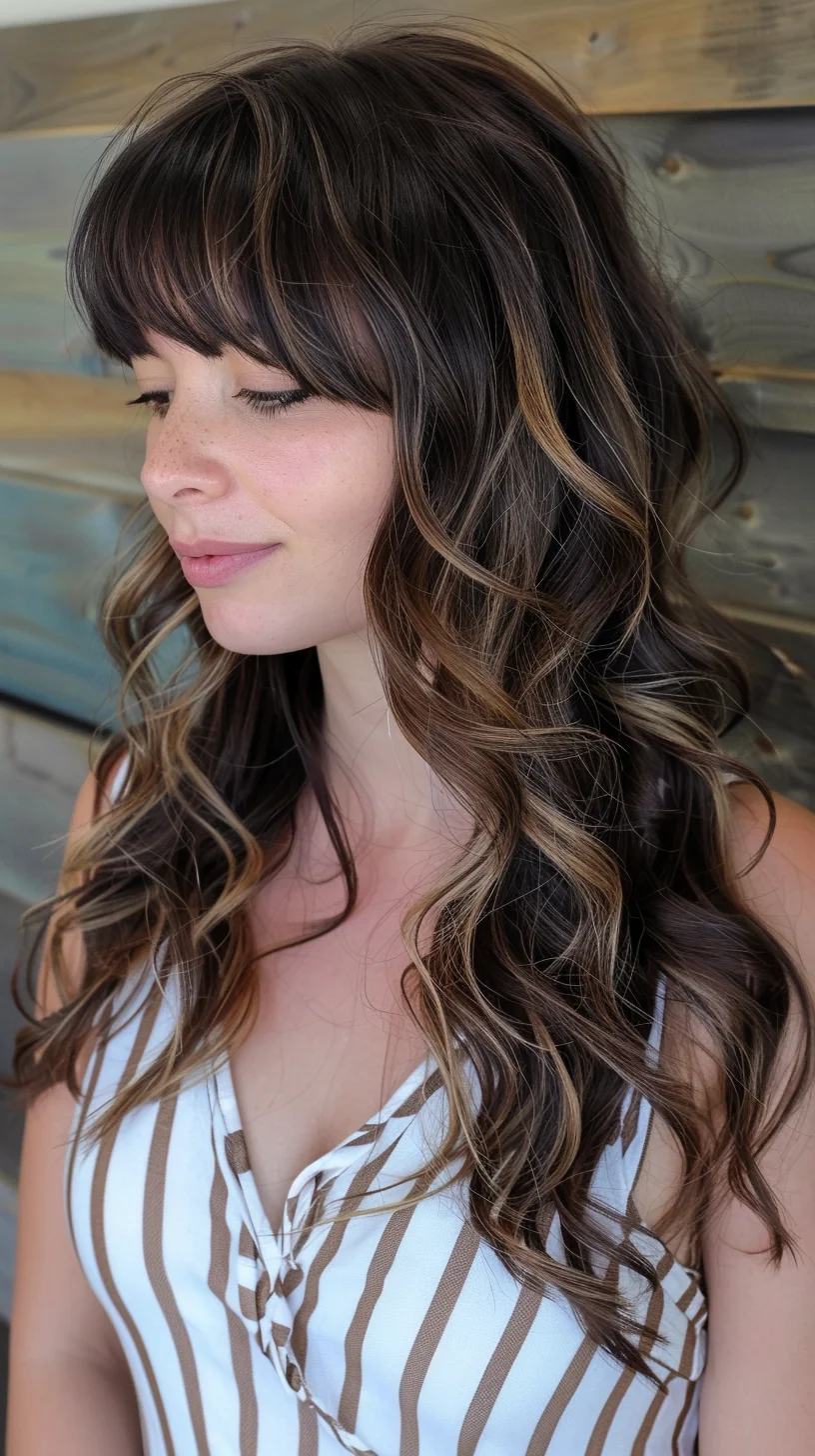 Bold brown to blonde balayage creates striking contrast from roots to ends. Straight-cut bangs add structure while flowing waves showcase the color transition. Lighter pieces are woven throughout, becoming more prominent toward the bottom, creating beautiful movement and dimension.