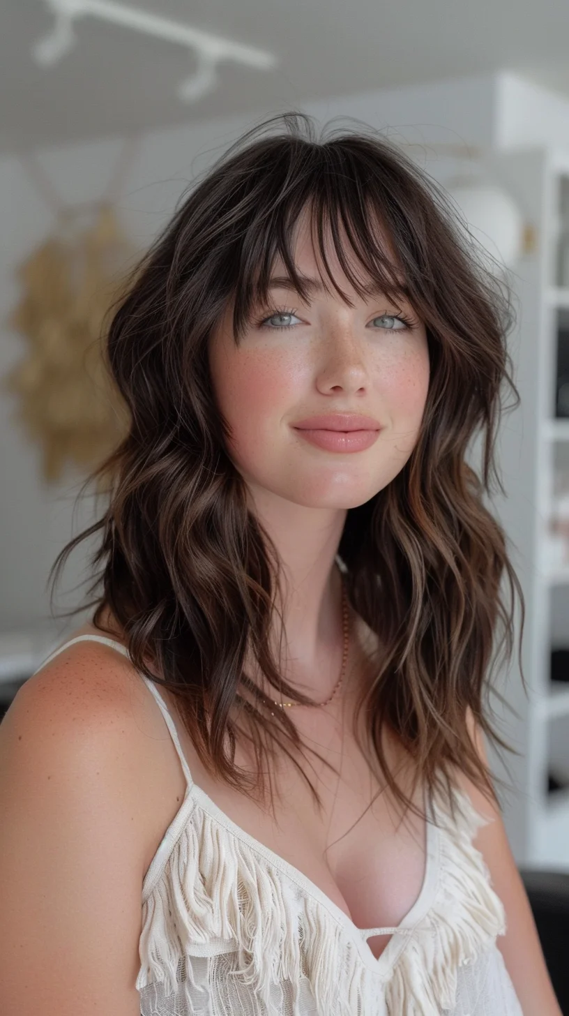 Rich brunette waves showcase a stunning balayage technique where dark chocolate roots smoothly transition into subtle caramel highlights. Soft, face-framing bangs blend seamlessly into long layers that create beautiful movement throughout. 
