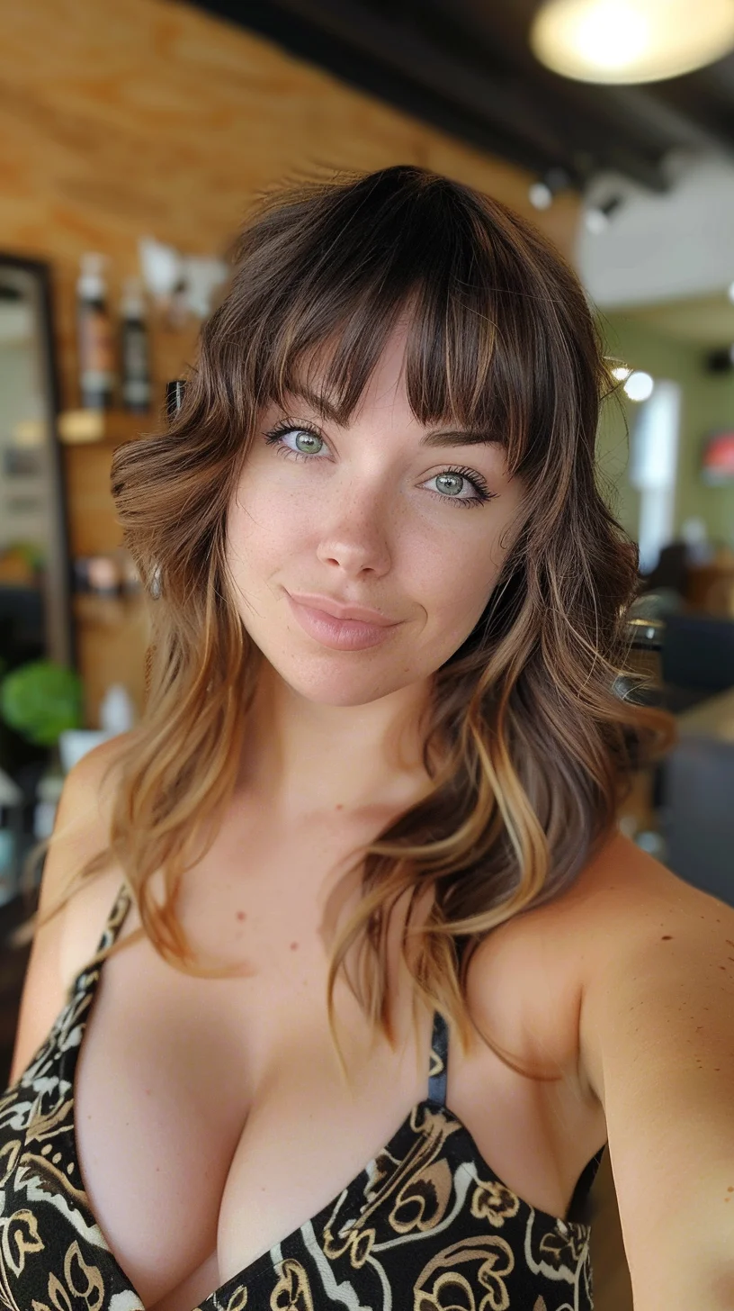 Modern balayage features a dark brown base transitioning into golden brown highlights, creating beautiful dimension throughout long, layered waves. Straight full bangs make a bold statement while remaining soft at the edges. Sun-kissed pieces are scattered naturally through the mid-lengths, adding warmth and movement.