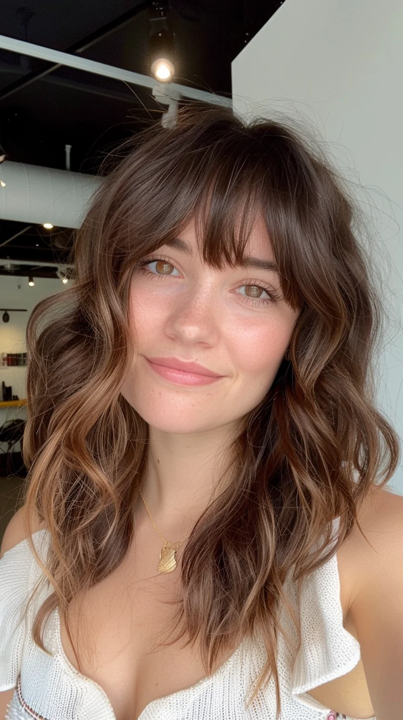 Warm brunette base brightens into caramel and honey tones, showcasing a flawless color melt from roots to ends. Piece-y bangs softly frame the face while tousled waves throughout the long layers create effortless movement and showcase the multi-dimensional highlights.