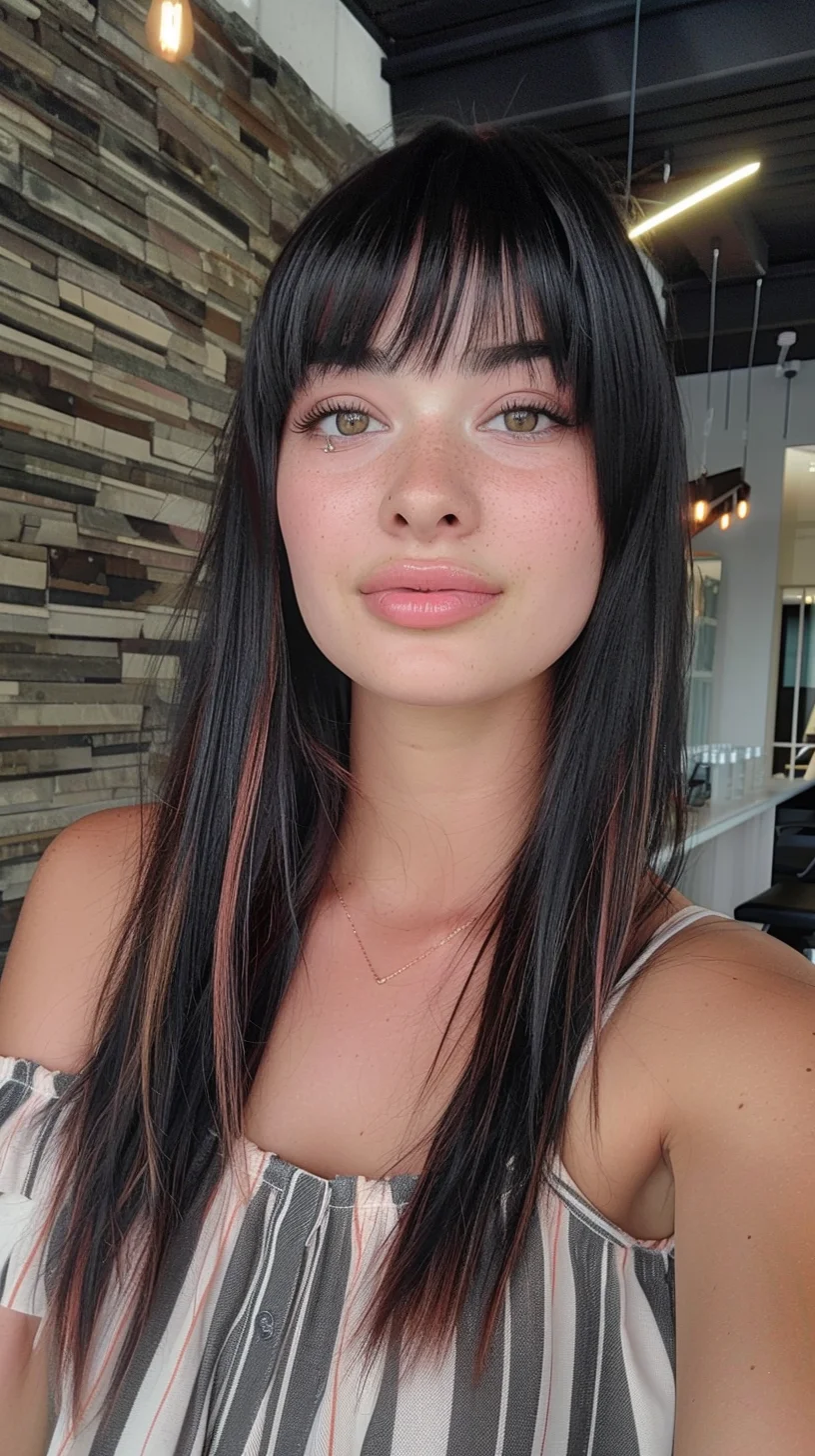 Striking dark base color features bold copper-toned balayage pieces, creating dramatic contrast and dimension. Straight-across bangs complement the sleek, long layers while subtle warm highlights peek through the dark strands, adding interest and movement to the overall look.