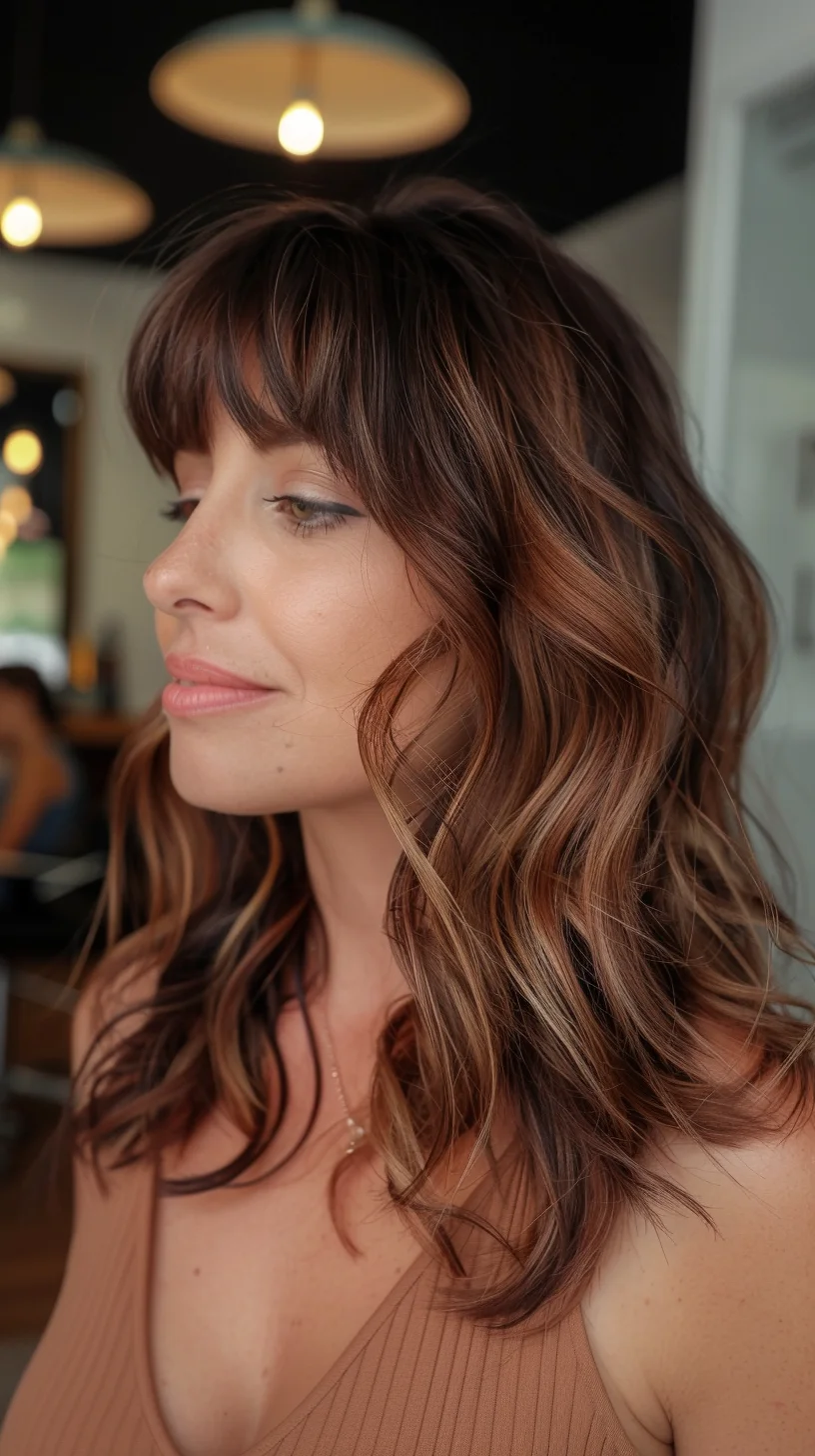 Side-profile showcases beautiful brown-to-caramel balayage with deliberate color placement. Waves flow naturally from root to tip while face-framing pieces highlight cheekbones. Dark roots melt into warm golden tones that brighten gradually toward ends.