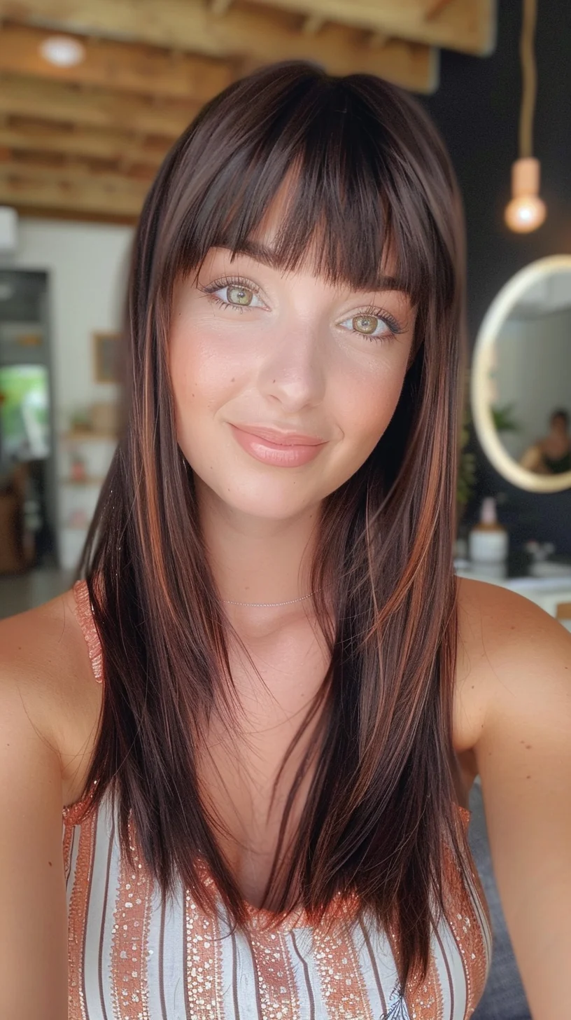 Dark chocolate foundation melts into rich copper and caramel tones, painted strategically through straight, sleek lengths. Full bangs cut straight across create a striking frame, while subtle layers throughout add movement and body. 
