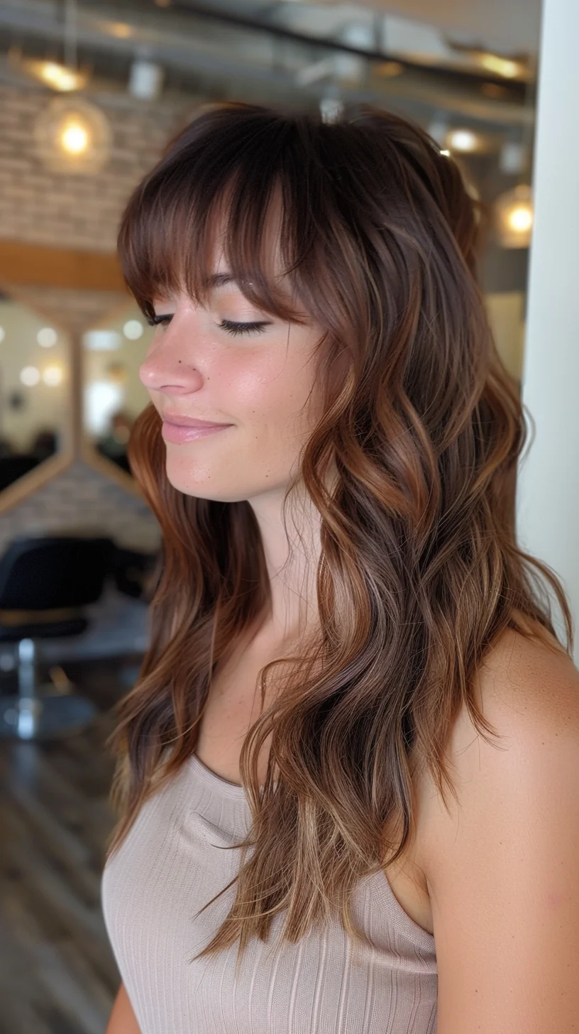 Deep brunette roots blend seamlessly into caramel and honey-toned balayage, with face-framing pieces that brighten and soften. Long layers feature subtle waves that enhance the natural dimension of the color. Straight-across bangs add structure while remaining soft and piece-y, complementing the effortless wave pattern.