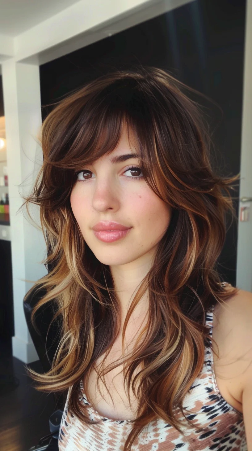 Dramatic dark-to-light balayage features deep brown roots melting into golden blonde ends. Long, wispy bangs complement flowing waves that cascade past shoulders. Multiple tones of honey and caramel are woven through mid-lengths, creating gorgeous depth and dimension.
