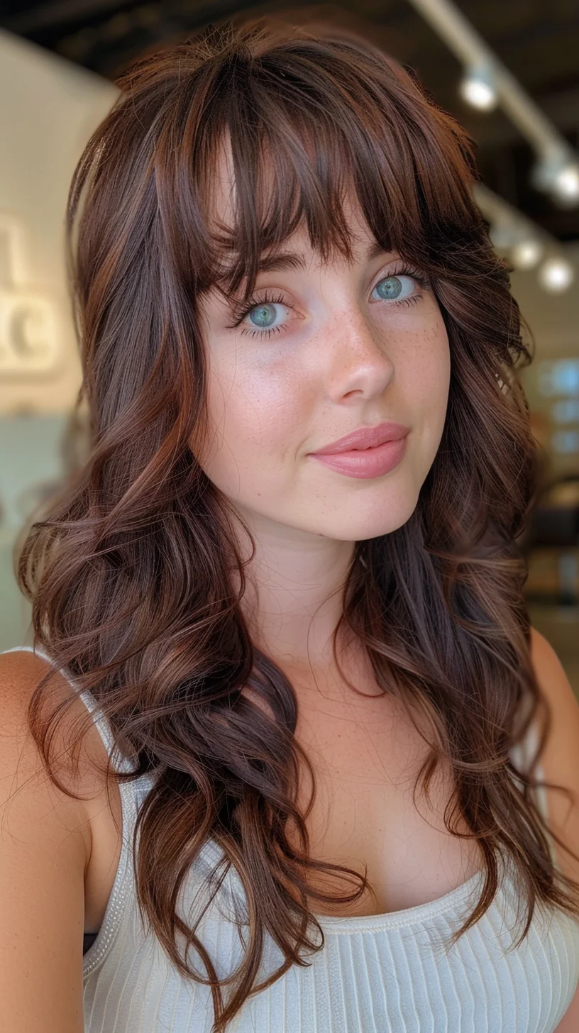 Rich chocolate brown waves cascade into subtle auburn highlights, creating beautiful dimension throughout the long layered cut. Soft wispy bangs frame the face while balayage technique adds warm caramel tones that brighten the overall look.