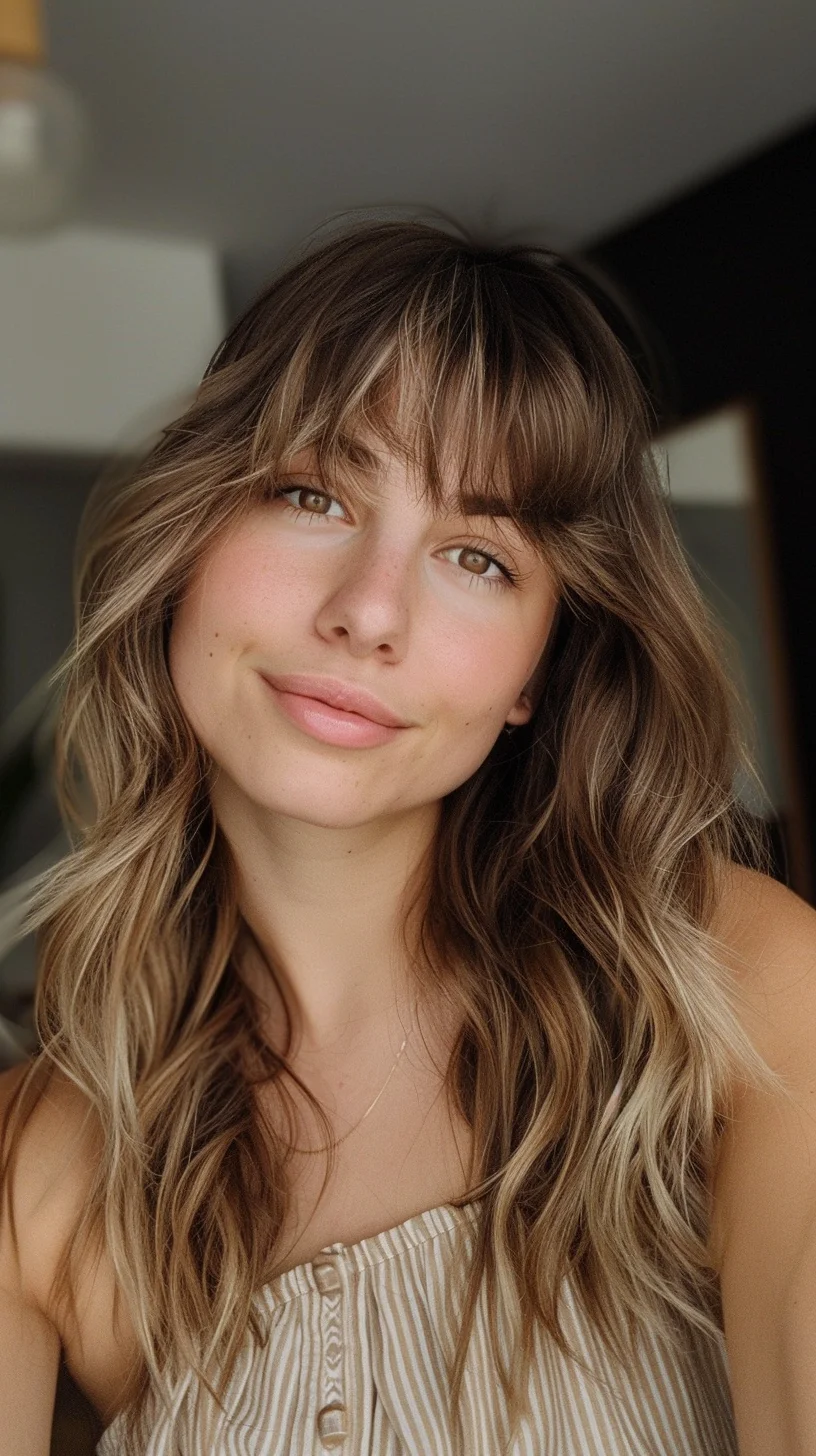 Golden brown balayage flows seamlessly from darker roots to lighter ends, with face-framing pieces that catch the light beautifully. Long layers and textured waves complement straight-across bangs, while subtle highlights add dimension and warmth to the overall color blend.