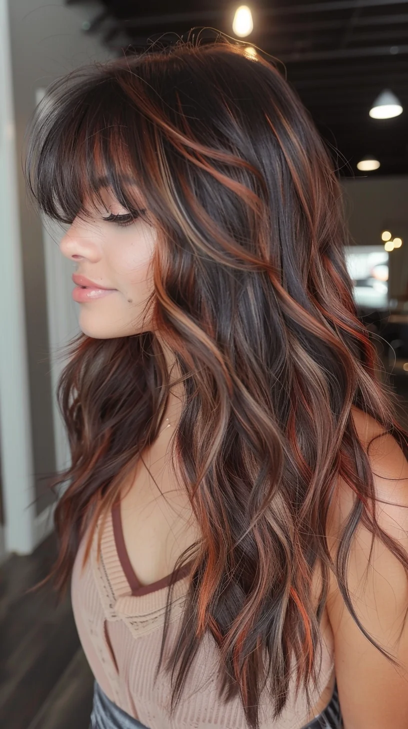 Rich dark chocolate brown base flows into stunning copper-toned highlights, creating a dimensional balayage that catches light beautifully. Soft wispy bangs frame the face while long layers cascade past the shoulders with gentle waves throughout. 