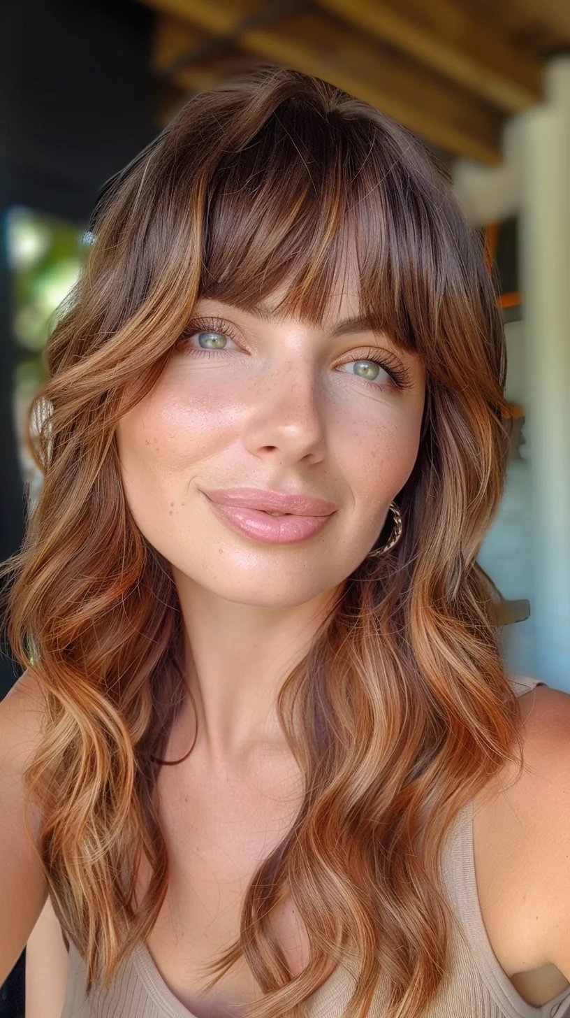 Gorgeous golden balayage brightens a rich brown base, with highlights concentrated through the mid-lengths and ends. Full bangs blend into face-framing layers while soft waves emphasize the color placement. Light pieces pop against darker sections, creating an eye-catching multi-dimensional effect.