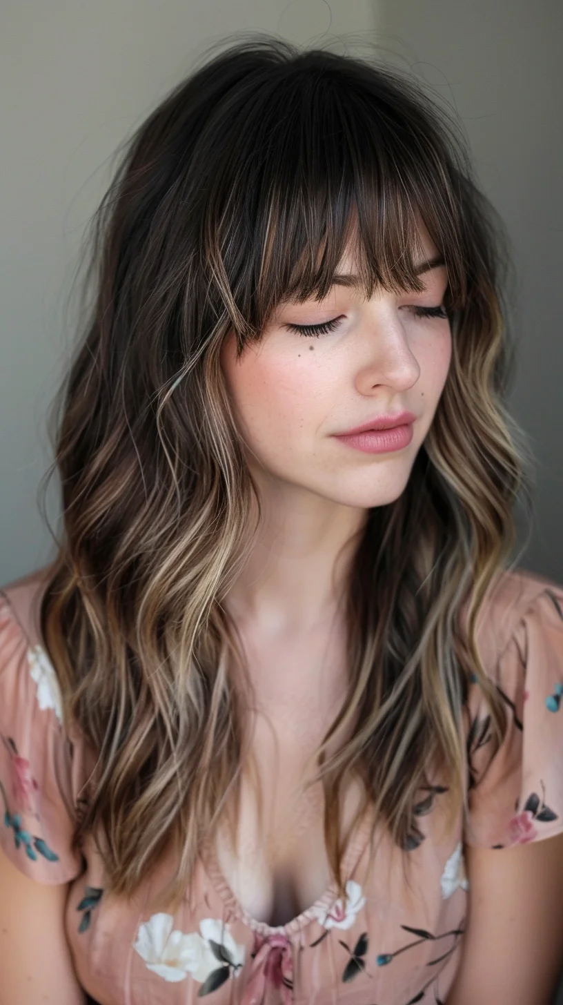 Soft brown base color transitions into delicate blonde highlights that brighten naturally around face and ends. Gentle waves paired with wispy bangs create movement and texture. Dimensional color placement shows off various shades of caramel and honey blended through mid-lengths.
