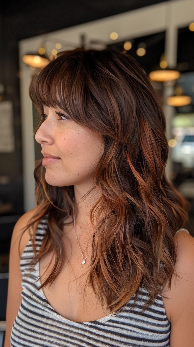 Chestnut brown base color transitions into warm copper tones through skilled balayage application. Side-swept bangs blend perfectly into long, flowing waves while subtle highlights around the face enhance the dimensional color. Loose waves throughout create stunning movement in the mid-length cut.