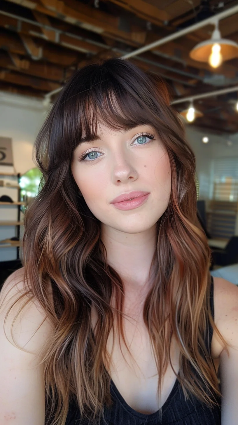 Mocha brown base transforms into a stunning mix of caramel and honey highlights, painted with precision through long, flowing layers. Full textured bangs sweep across the forehead while subtle waves enhance the dimensional color work. 