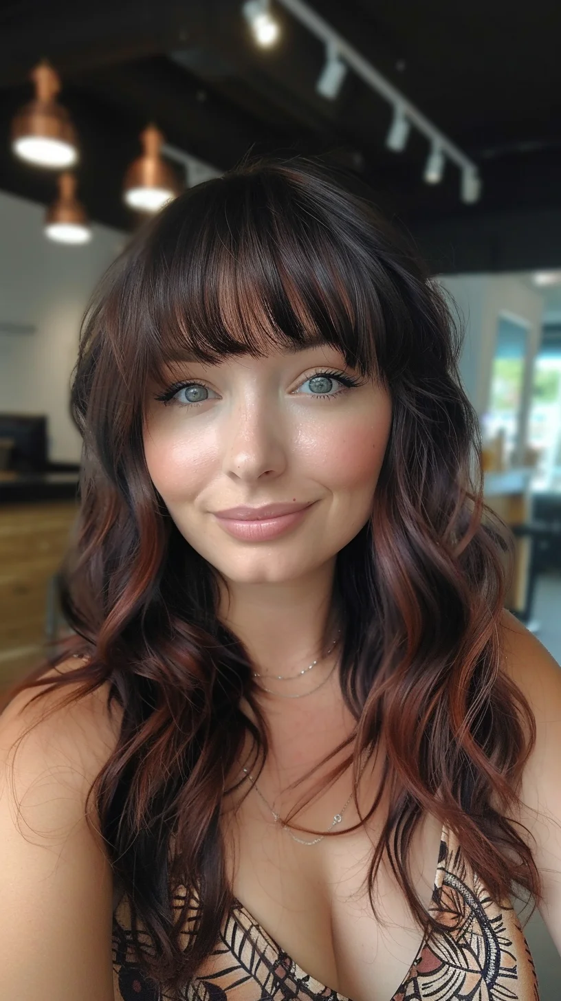 Moody brunette base color is enhanced with subtle copper-red balayage pieces strategically placed to catch light. Textured waves and piece-y bangs create an effortless lived-in look. Deep chocolate roots fade into warm auburn tones throughout lengths.