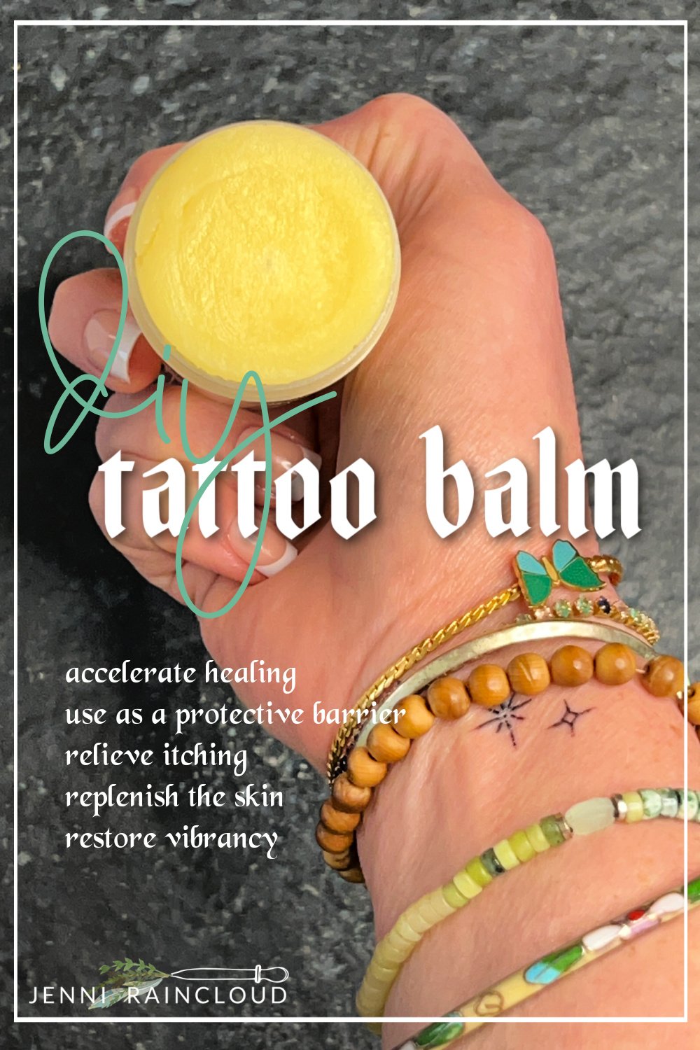 Hand with bracelets holding a DIY tattoo balm.