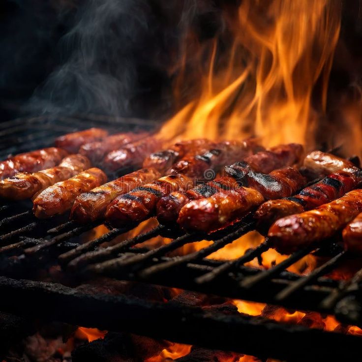 Grilled sausages on open flame barbecue stock images