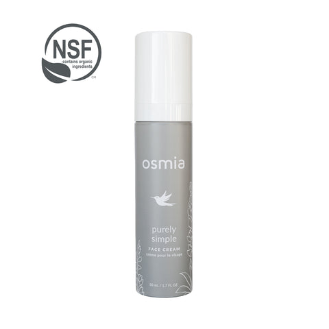 osmia purely simple face cream bottle with NSF organic certification logo